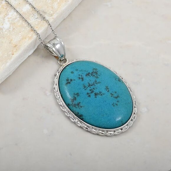 NEW Oval African Turquoise Jasper Gemstone Pendant in Silvertone - Picture 2 of 4